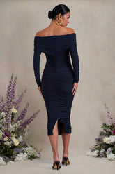 Navy Ruched Twist Bardot Long-Sleeve Maternity Midi Dress